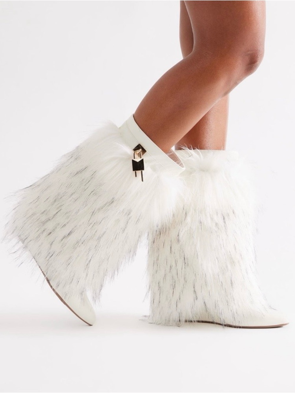 Fashion Nova White Faux Fur Mid-Calf Heeled Boots with Gold Accent